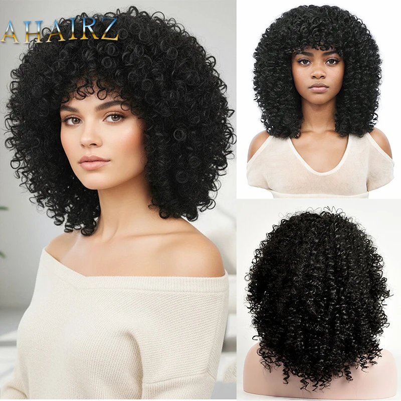 

Synthetic Wigs Short Curly Kinky Wigs with Bangs For Afro Women Daily Wear Cosplay Wig High Temperature Fiber