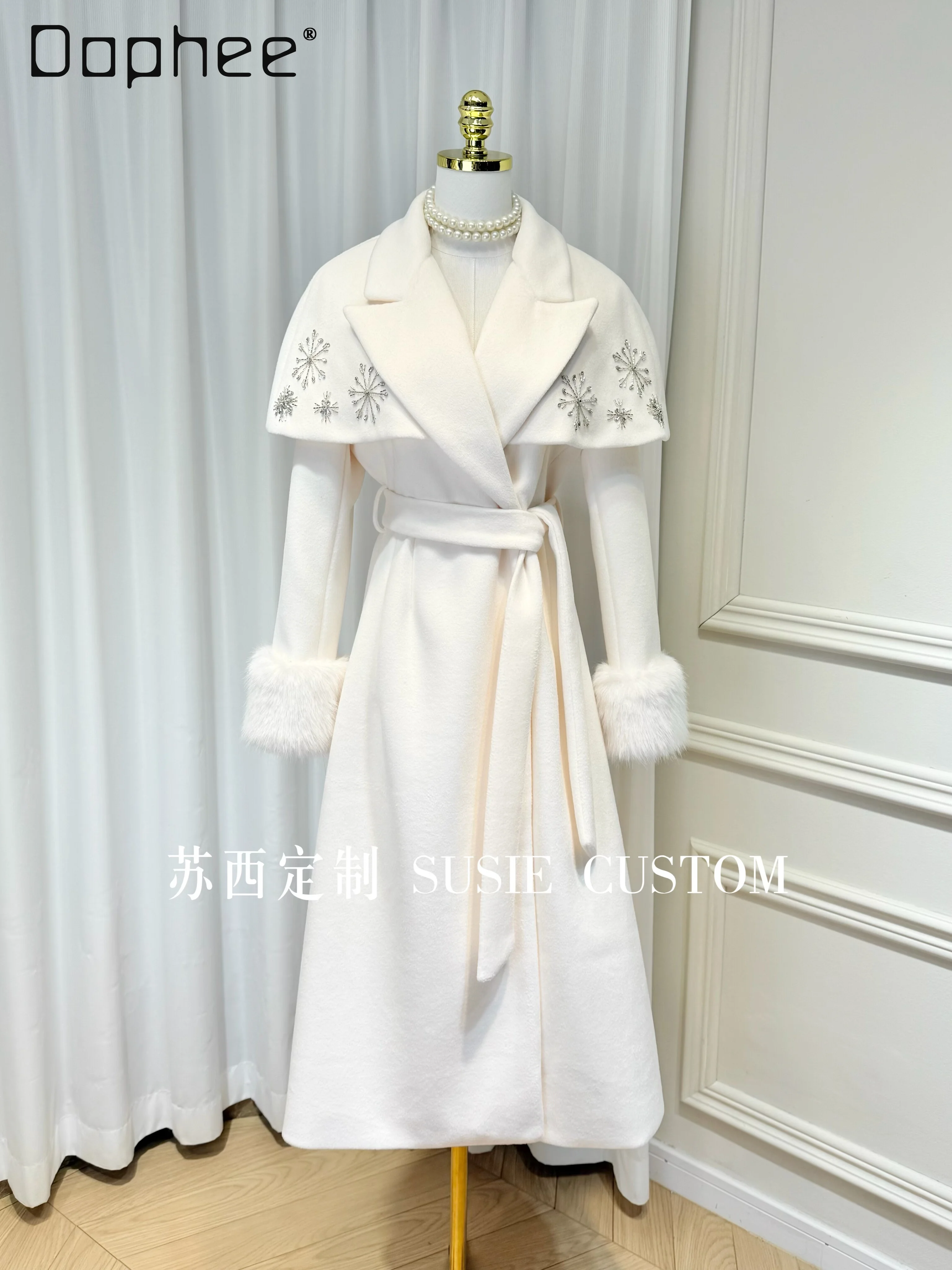 

Высококачественная съемная накидка из бисера, шаль, плюшевое лоскутное пальто с длинными рукавами и отложным воротником, завязками и карманами, тонкое шерстяное пальто средней длины для женщин