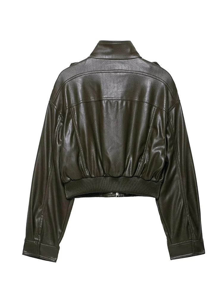 Chaqueta ajustada de piel sintética para mujer, chaquetas recortadas con cremallera de PU, abrigo Bomber informal con bolsillo para primavera y otoño, ropa de calle para discoteca para mujer