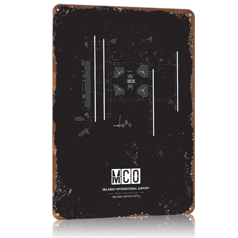 أورلاندو مطار تخطيط معدني ملصق تين تسجيل جدار الفن الأشياء لتصميم الغرفة علامات معدنية قابلة للتخصيص لديكور المنزل