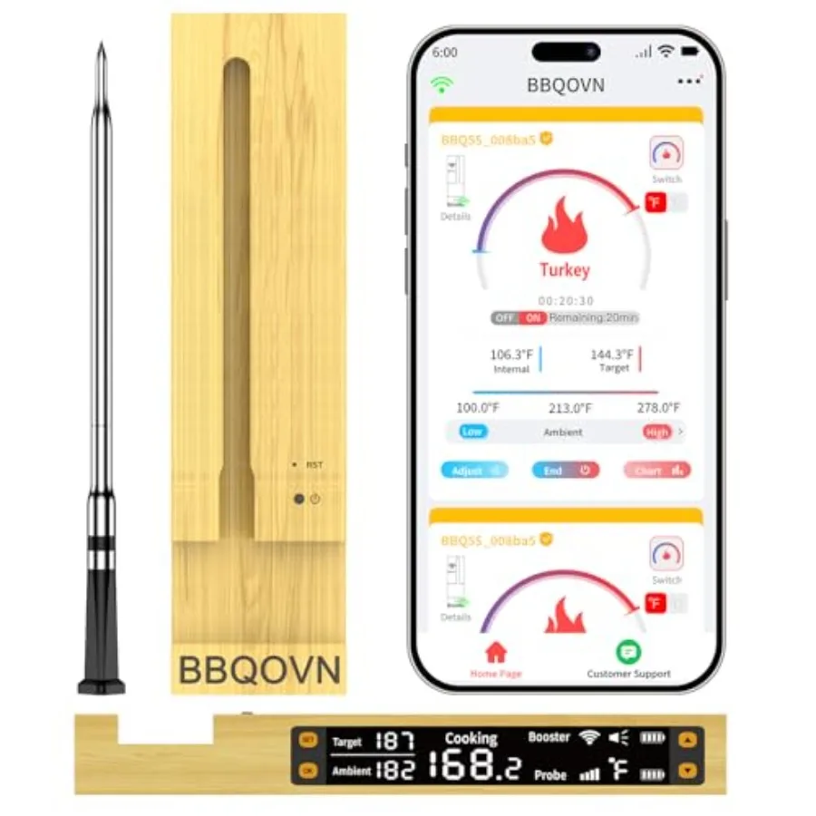 

WiFi Sub-1G Wireless Meat Thermometer Unlimited Range Check Temp Anywhere 7 NIST Certified Sensors with Ambient Temp Monitor fo