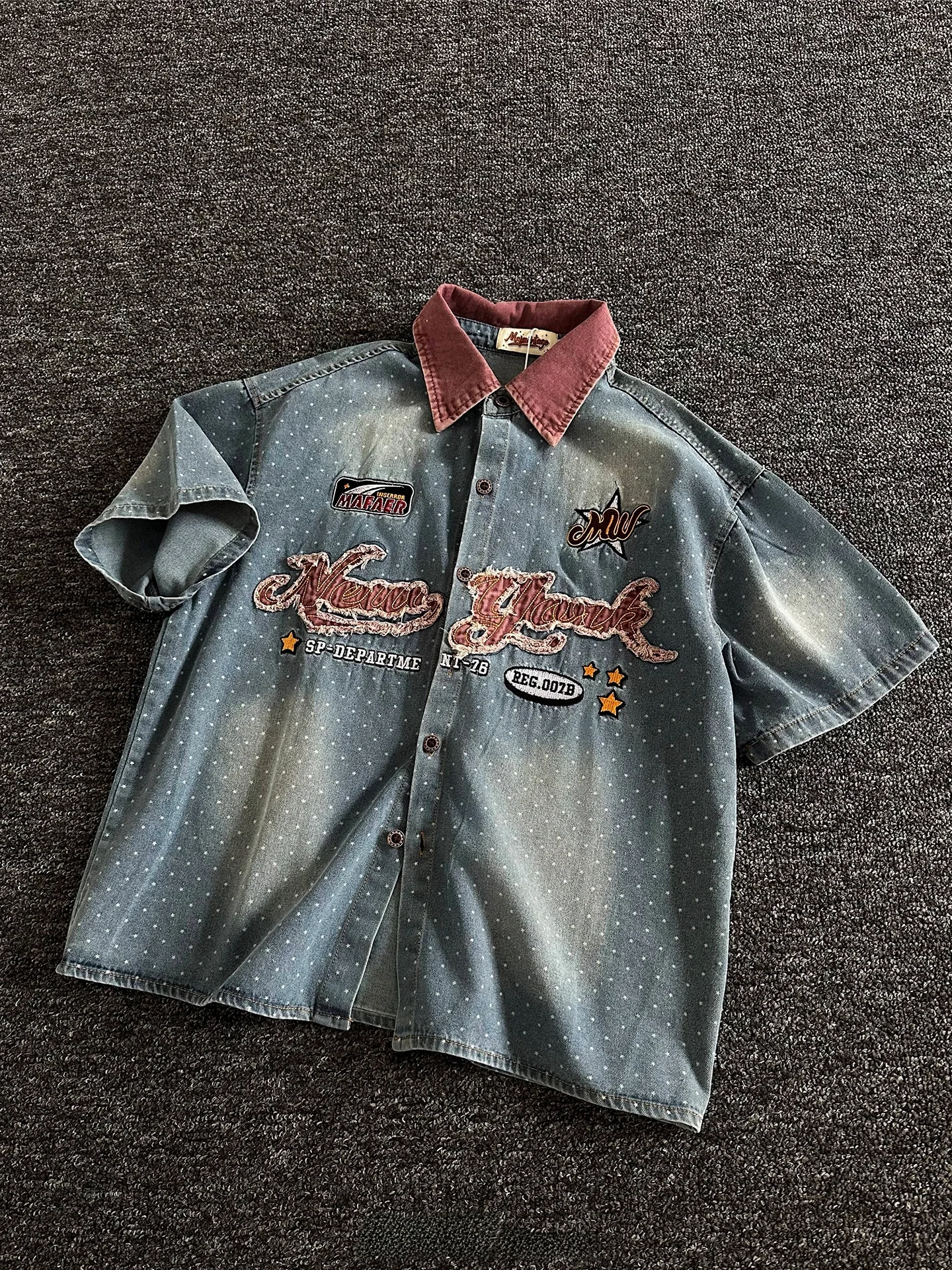 

Мужская повседневная джинсовая рубашка Rise Brand свободного кроя с вышивкой, винтажная, с отложным воротником, на пуговицах, из хлопка