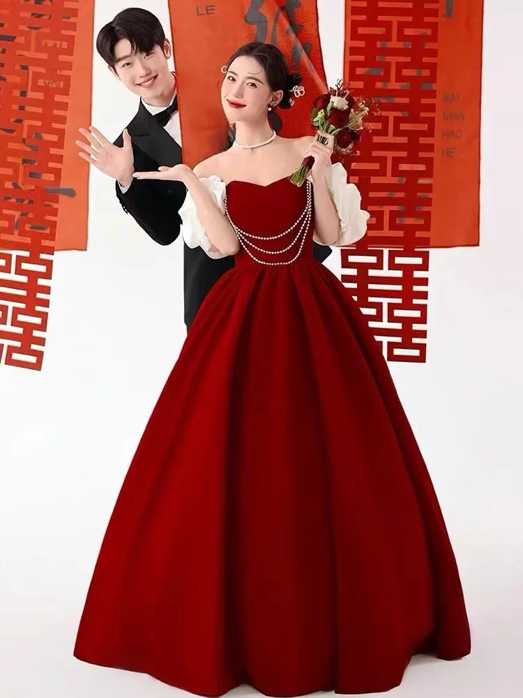 

Red Wedding Dress Vintage Engagement Ceremony Dress Princess Skirt Theme Studio Photography Costume Women's Fashion Tang Suit