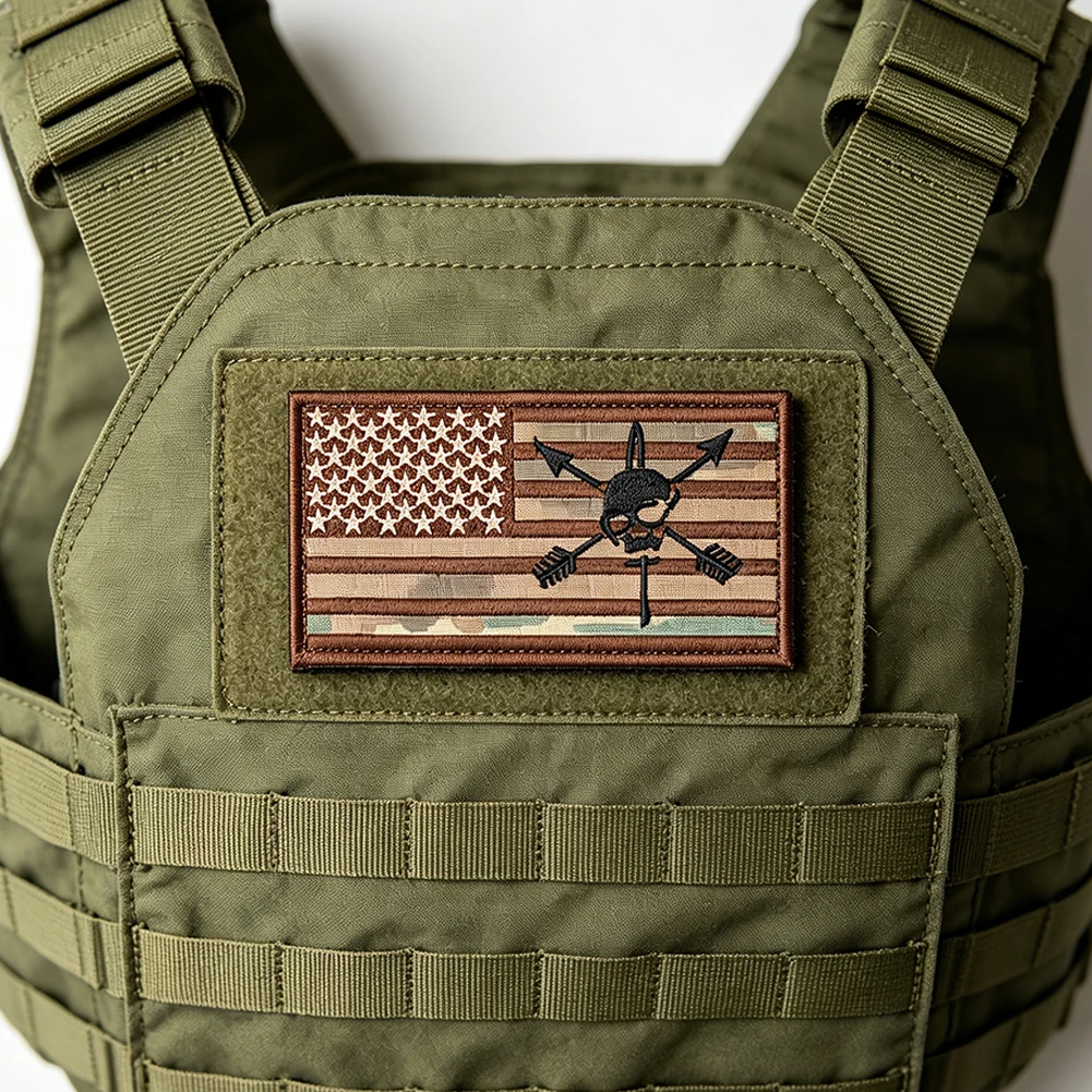Amerikanische Flagge, Totenkopf, Pfeile, besticktes Moral-Aufnäher-Abzeichen mit Klettverschluss für Rucksack, Weste, Mütze, Jacke, Outdoor-Militärausrüstung, Dekoration – Detail 6