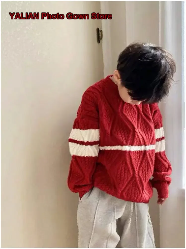 Boys Christmas Sweater Kids Autumn Winter Red Pullover Thickened Warm New Year Greeting Wear