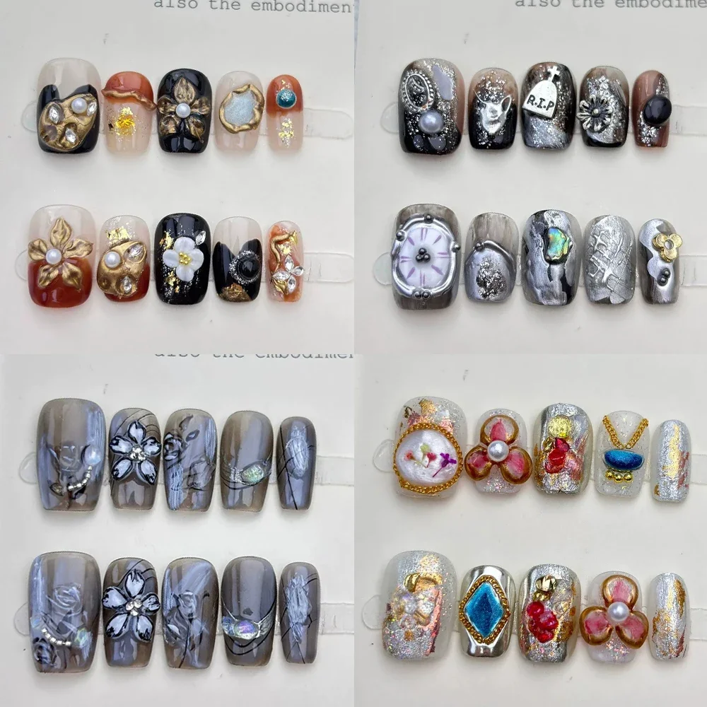 

10Pc Cute Light Luxury Short Square Ellipse Shape Handmade Press On Nails Cateye Pearl Full Cover Flower Design False Nails Gift