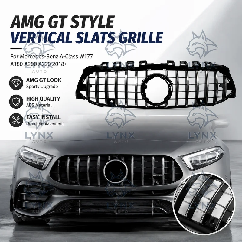 For Mercedes-Benz A-Class W177 A180 A200 A220 2018+ AMG GT Style Vertical Slats Front Grille Cross-border Tuning