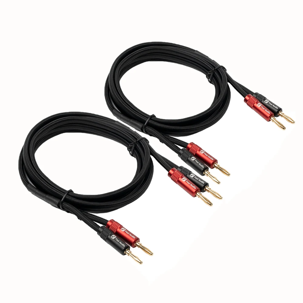 Fosi Audio merk nylon gevlochten hifi-luidsprekerkabeldraad met vergulde bananentipstekkers - 1,8 m * 2/0,3 m * 2