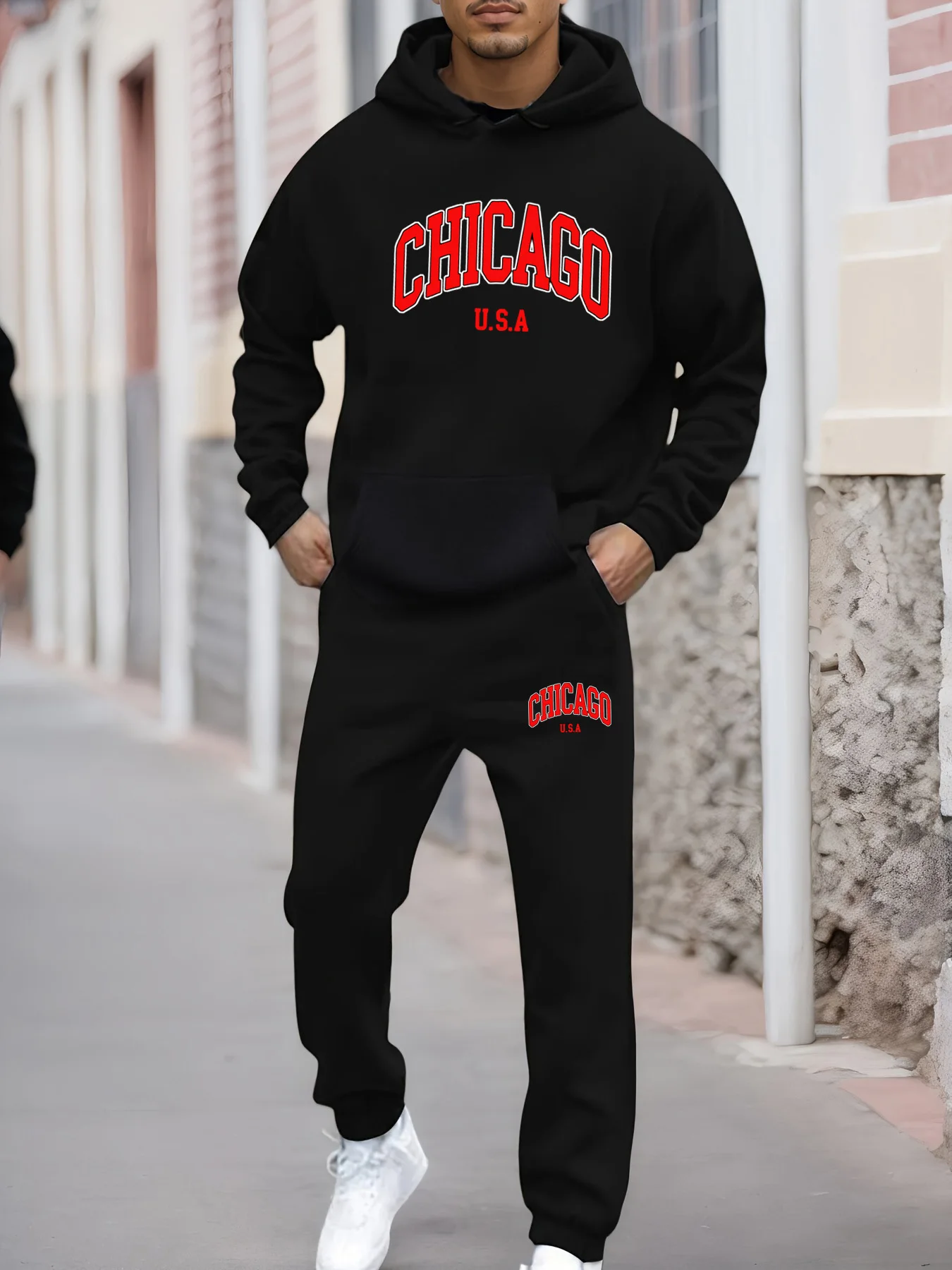 Heren herfst en winter casual mode warm CHICAGO USA patroon bedrukt los pluche dik sweatshirt met capuchon + joggingbroek set