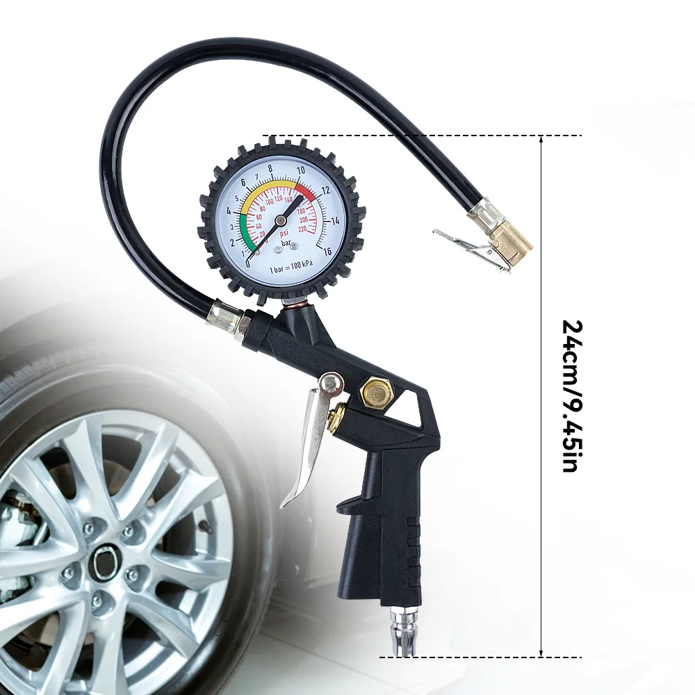 Tire Pressure Gun 0-16Bar/0-220PSI Pressure Gauge, Tire Pressure Measuring Tool, Inflatable/Deflated, Inflation Pump Accessories