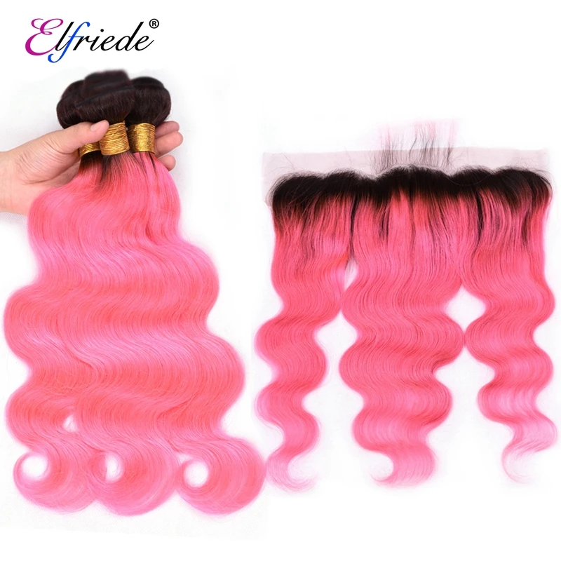 Elfriede T1B/Pink Body Wave Ombre Colored Hair Bundles with Frontal Remy 100% Human Hair Weaves 3 Bundles with Lace Frontal 13x4