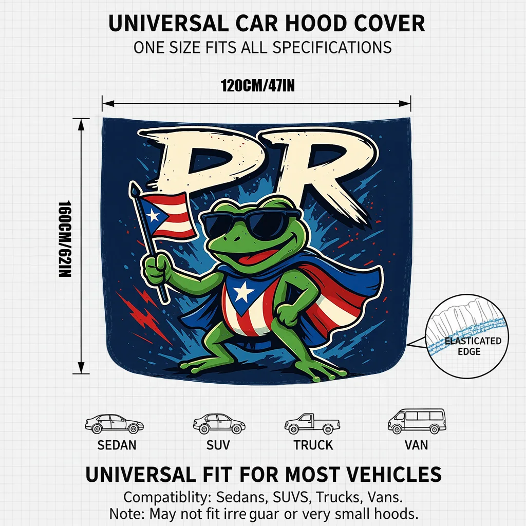 PR Coquí Frog Puerto Rico Flag Car Hood Cover Set with Mirror Covers Stretchable Hood Wrap for Cars Trucks SUVs Car Accessories