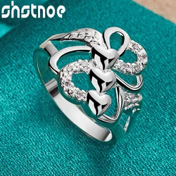 SHSTONE 925 Sterling Silver rings Inlay AAA Zircon Three Heart Bowknot Ring For Women Jewelry Bridal Wedding Engagement Bands