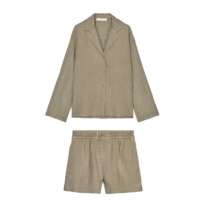 

Long Sve V-Ne Casual irt And mid Waist ort Pants Women's Faion Set Summer 2025 Buttoning Collar Two-Piece Suit