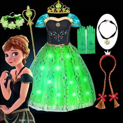 Light up Girl Disney Frozen Anna Coronation Princess Ball Gown Green Floral Frock with LED Light Halloween Glowing Dress for Kid