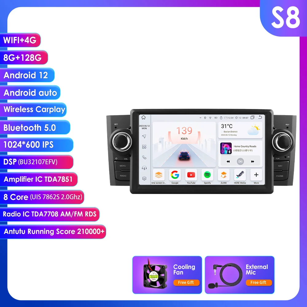 Hizpo 7 Inch 2 Din Android 14 Auto Multimedia Speler voor Fiat Grande Punto Linea GPS Carplay 4G WIFI intelligente Scherm Autoradio