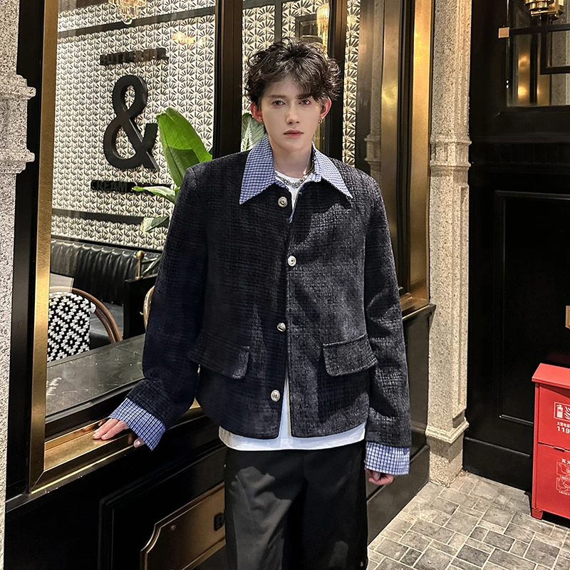 

Korean Sle ort Tailored Jaet Youth Trend Polyester Fiber Men's Autumn Faion Luxury Feel Patchwork Suit Coat