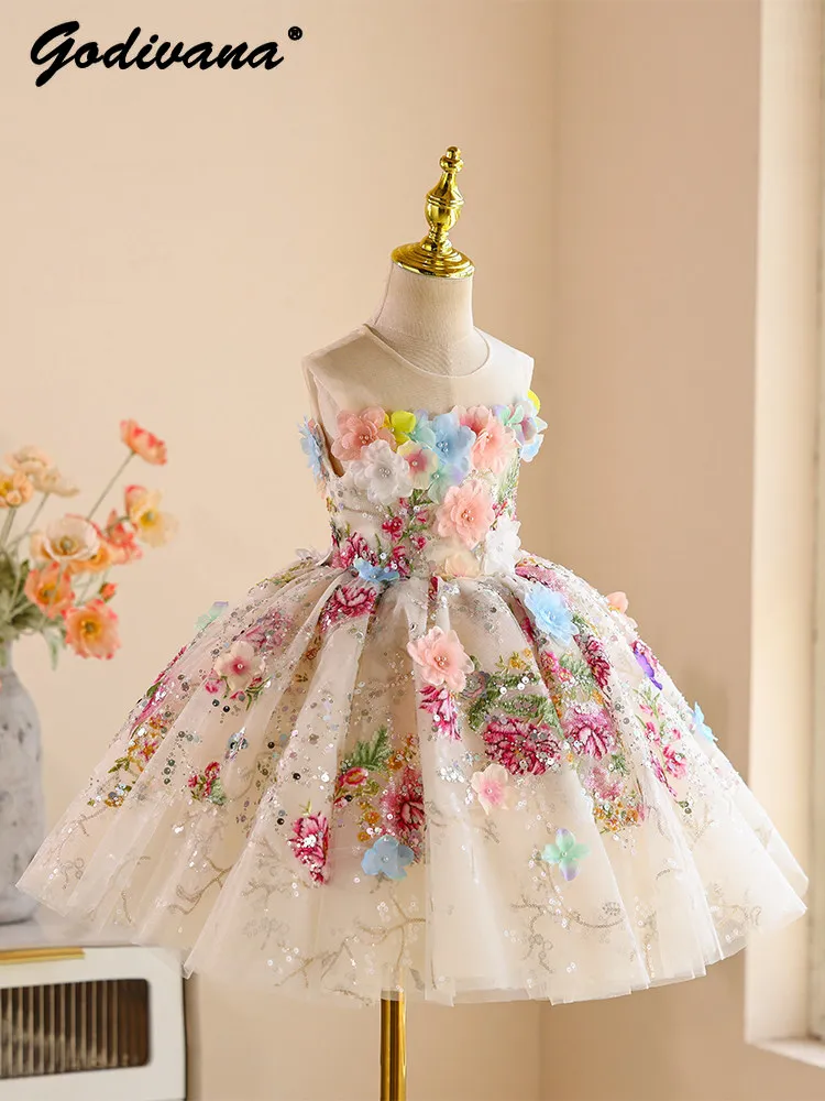 Girls French High End Heavy Prom Dress 3D Floral Embroidery Sequined Mesh Party Gown Girls Sleeveless Piano Performance Dresses