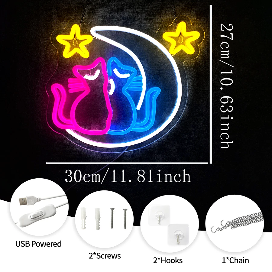 Multicolor Moon Star Twin Cats USB Neon Sign, Couple Cats on Crescent LED Wall Decor for Girls Bedroom Cat Cafe Home Decor