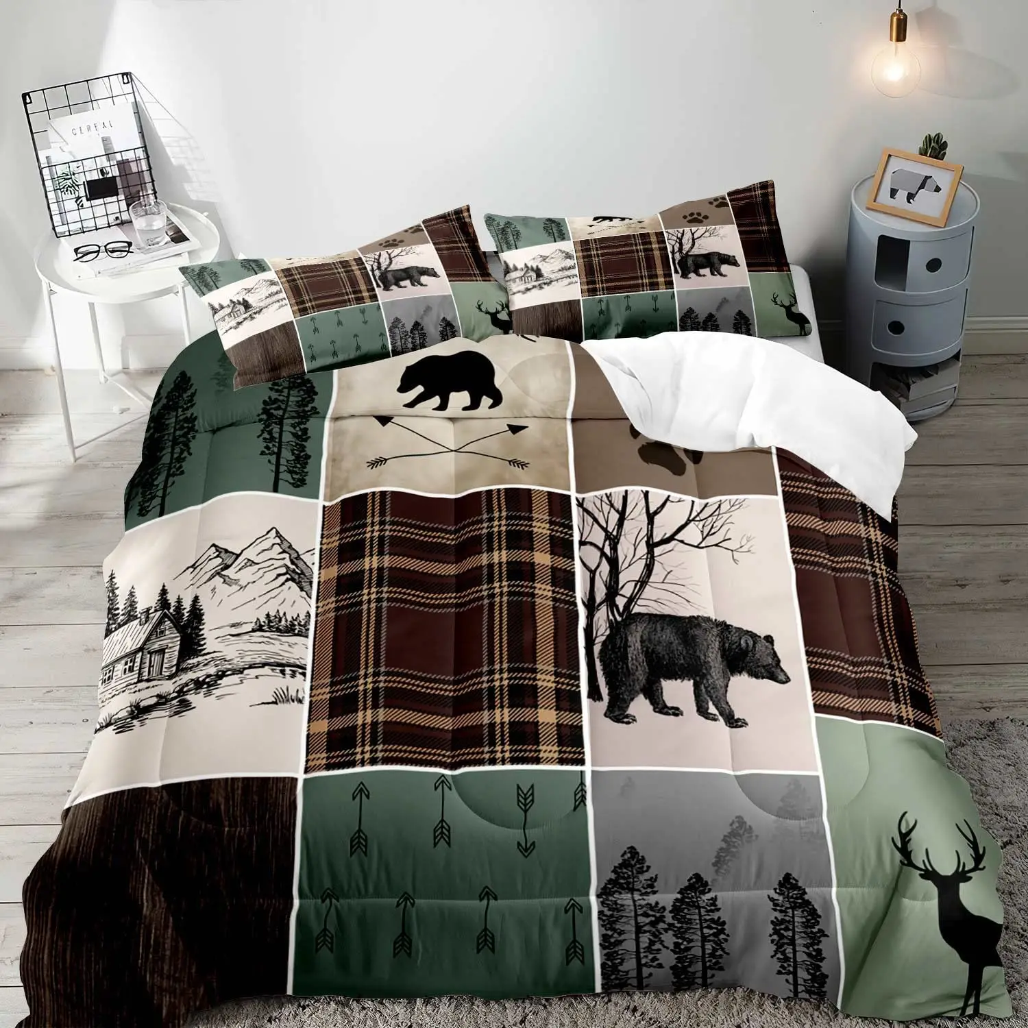 3PCS Farmhouse Bedding Set,Black Bear Deer Elk Moose Woodland Forest Animals Wildlife Vintage Brown Plaid Patchwork Bedclothes