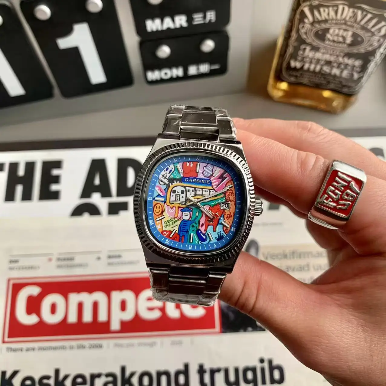 Square Graffiti Cartoon Watches Men's Luminous Stainless Steel Strap Calendar  Distinctive Art Cartoon Pattern Ins Wristwatch
