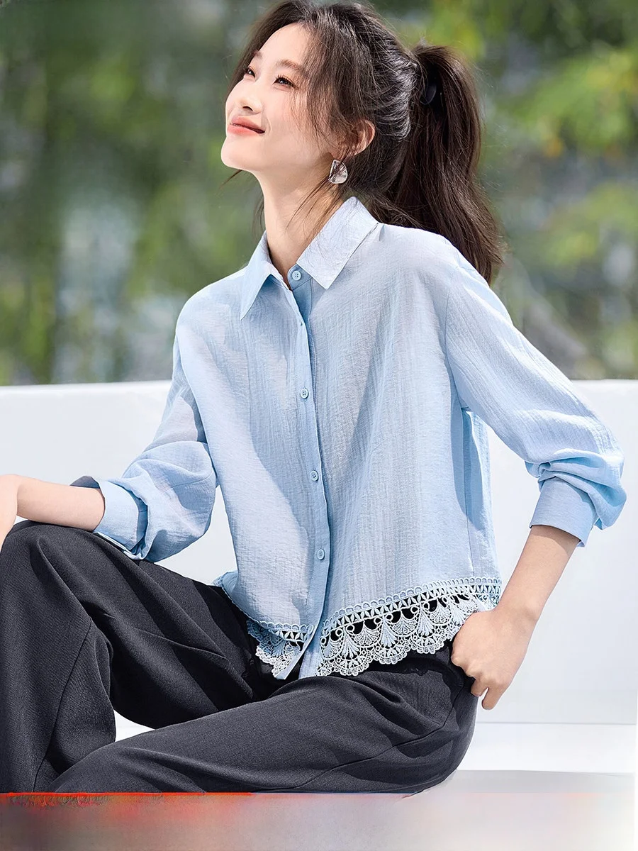 

Женская блузка Mehemei с кружевными вставками, дышащая, приятная к телу, универсальная, весна 2026, французский стиль, с длинными рукавами и воротником