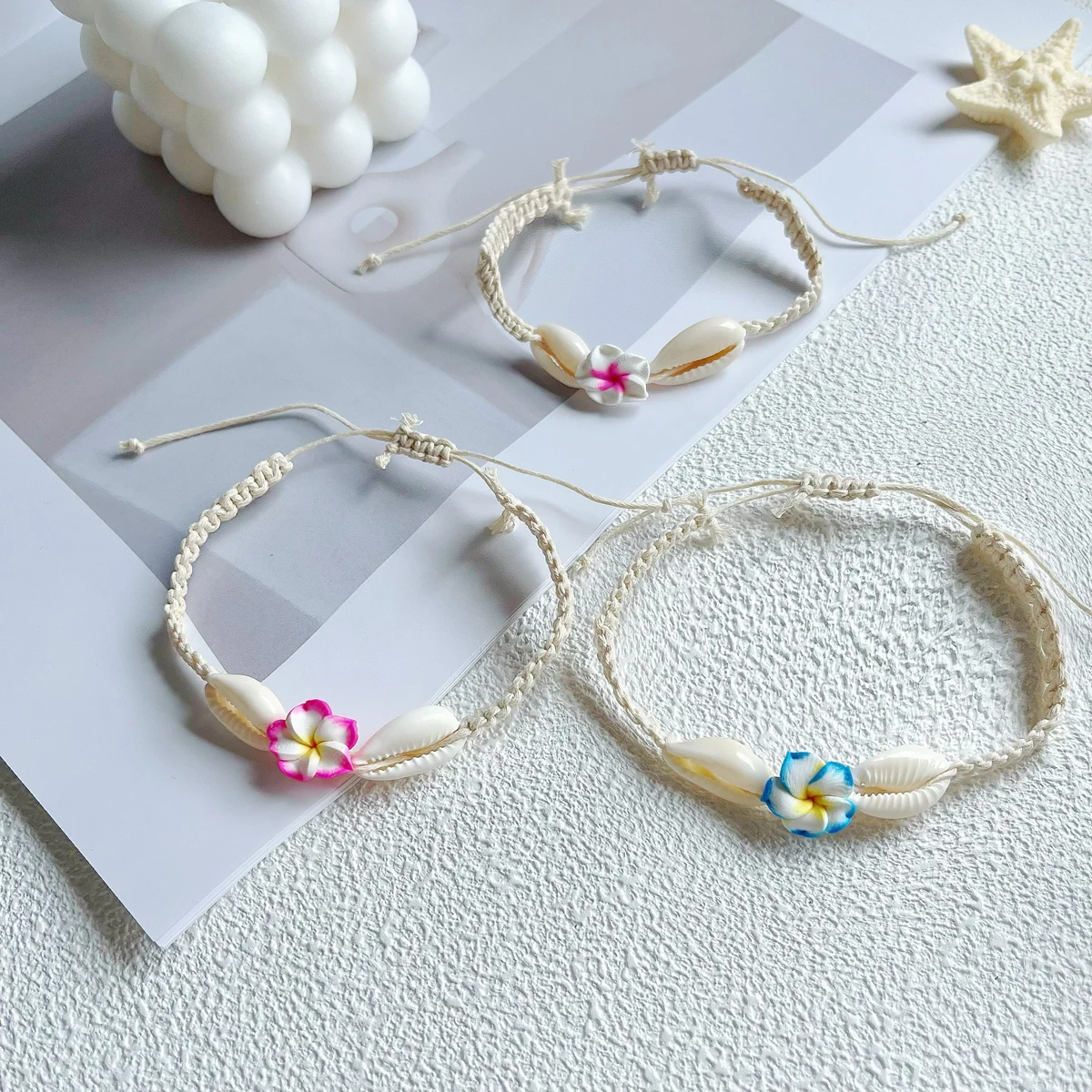 12piece set of colorful soft clay flower shell bracelet for beach surfing adjustable woven bracelet for men and women