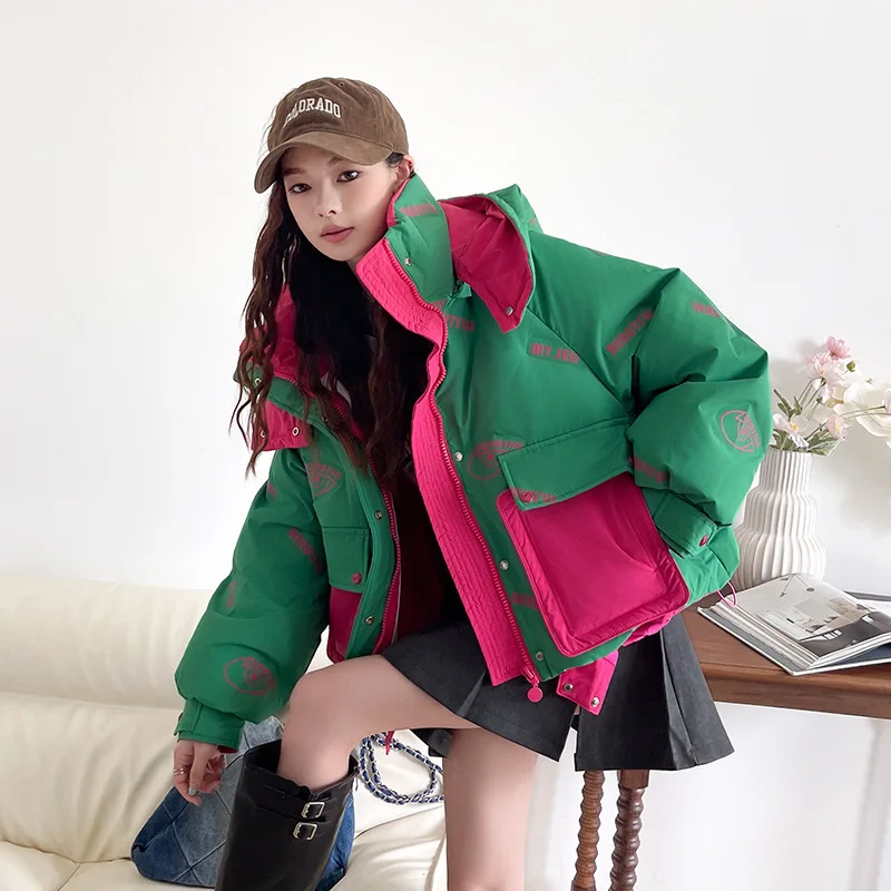 الشتاء الأبيض بطة أسفل السترات الدافئة المرقعة مقنعين أسفل سترة المرأة جيب كبير سميكة مبطن سترة أبلى معطف