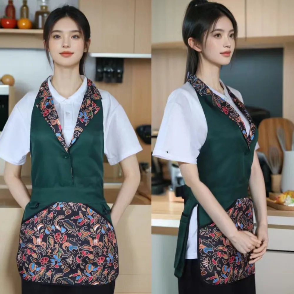 Multi-functional Polyester Work Apron Waterproof Ethnic Style Kitchen Apron Button Design Vintage Dining Apron Kitchen