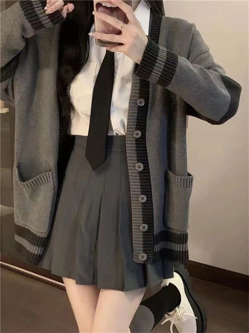 Korean American Academy Style Grey Sweater Cardigan Women's Cotton V-Neck Button Pocket Oversize Knitted Sweater JK School Girl