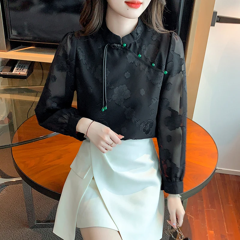 2024 spring flower white black tops tang costume chinese style shirts traditional qipao cheongsam blouse for lady female