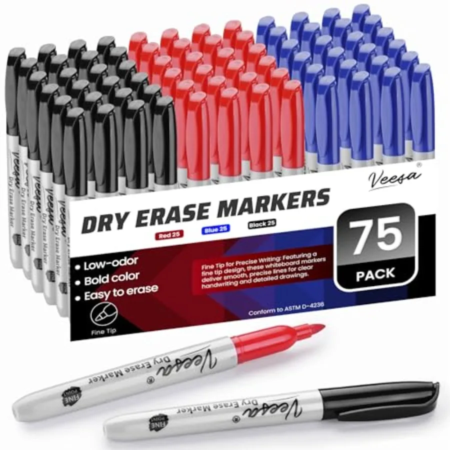 

Dry Erase Markers Fine Tip, 3 Assorted Colors Red Blue,75 Count, Low-Odor Whiteboard Markers for Office Use, Back to School Sup