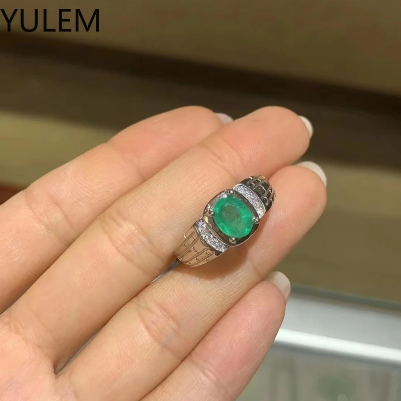 YULEM Naural Colombia Emerald Man Ring 925 Sterling Silver Jewelry for Men 6x8mm 1ct Big Size Men Ring