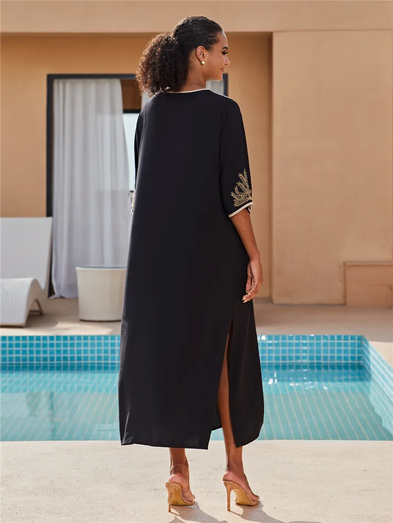 Golden Embroidery V Neck Beach Cover Up Saida De Praia Swimsuit Women Bikini Cover Up Tunics for Beach Pareo Sarong Beachwear