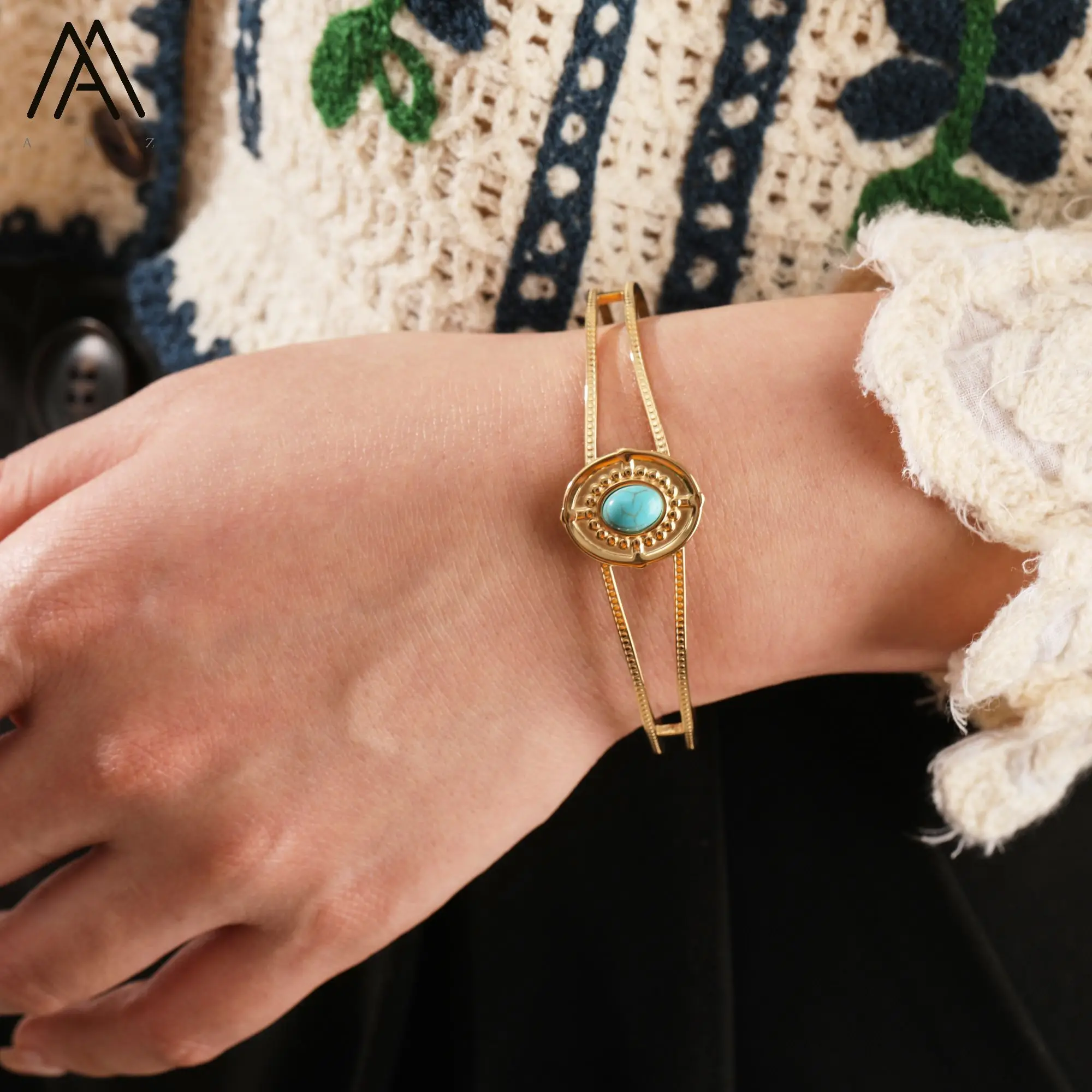 Minimalist Bangle Turquoises Stone Stainless Steel Open Cuff Bracelets for Women Trendy Jewelry Vintage Gift