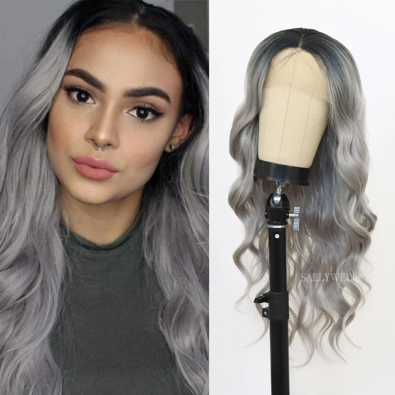 Ombre Gray Lace Front Wigs Long Wavy Synthetic Wigs Black to Grey Middle Part Heat Resistant Fiber Synthetic Wig