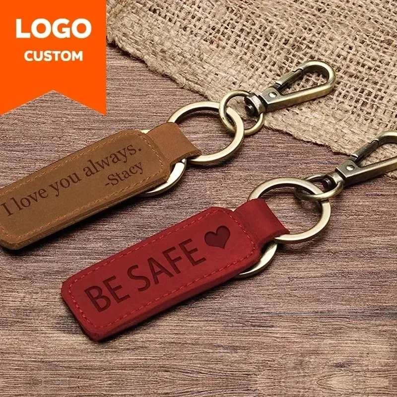 Personalisierter Vintage Crazy Horse Leder Schlüsselanhänger mit Logo für Männer und Frauen, Auto- und Taschenschlüsselband, Gürtelanhänger, Geschenk