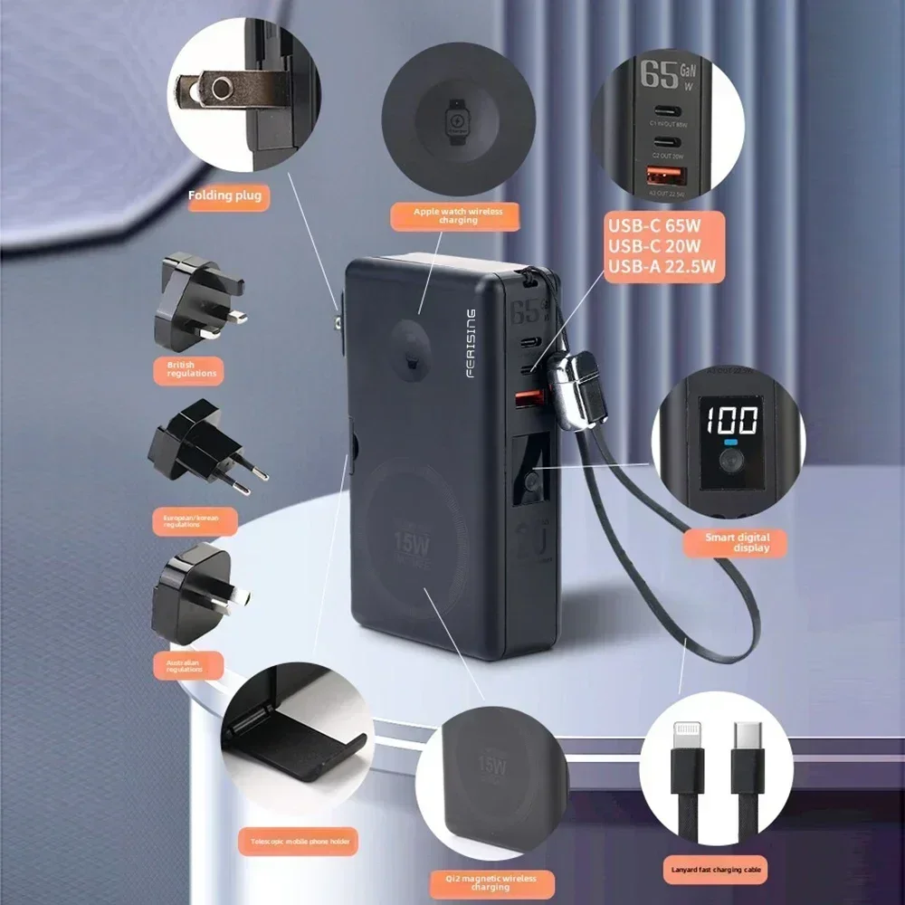 FERISING Qi2 Certified Magnetic Power Bank 20000mAh GaN 65W Fast Charging with LED Display MagSafe Compatible for iPhone 15/14