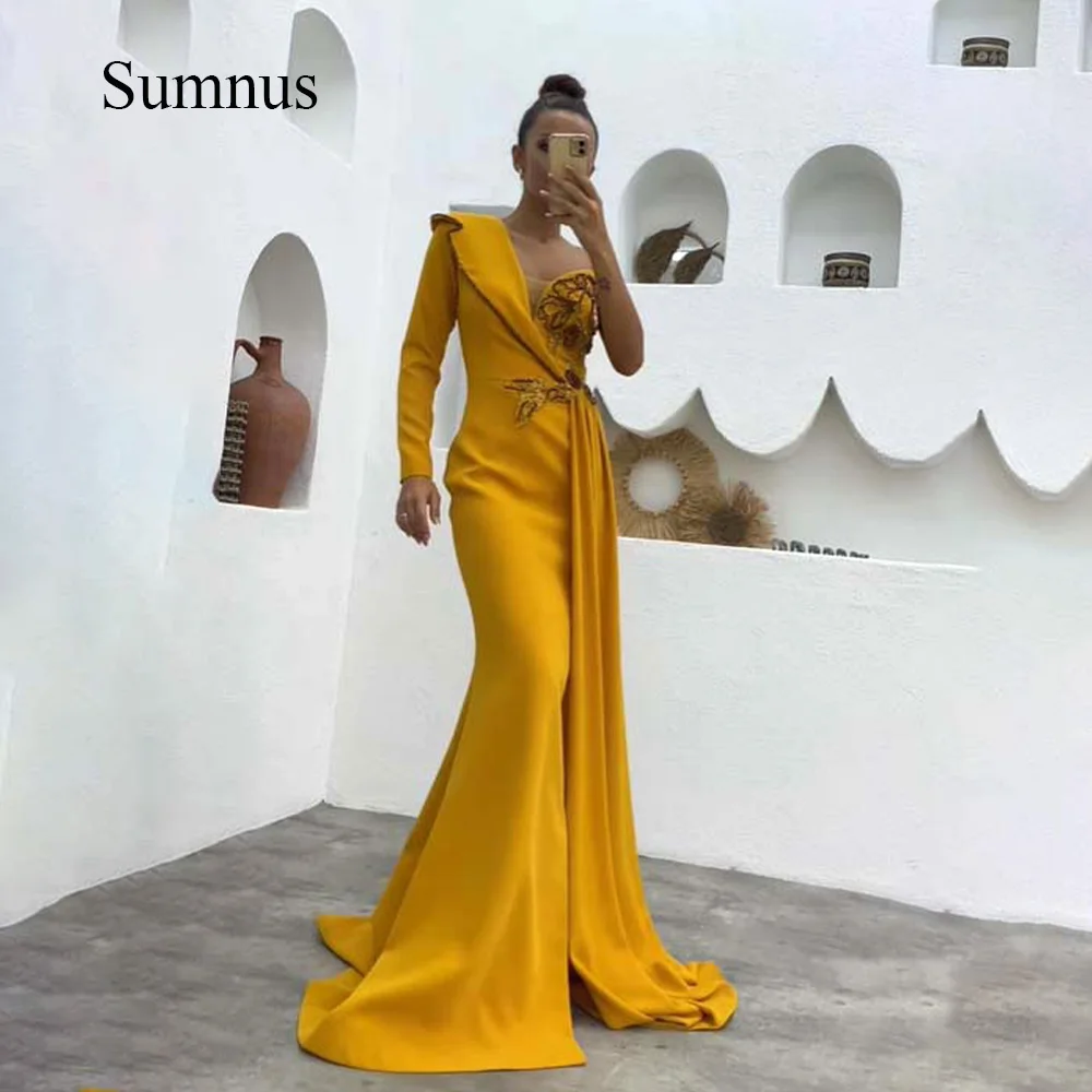 

Sumnus Yellow One Sleeve Meramid Evening Dresses Appliques Spandex Satin Saudi Arabic Formal Gowns With Draped Train