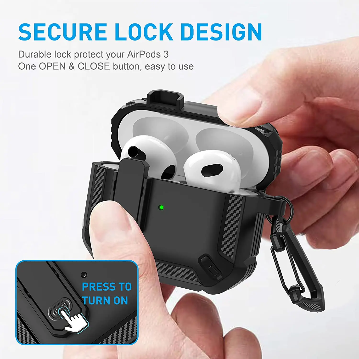 Airpods Pro Protective Case with Lock Gen 3 Military Hard Shell Rugged Shockproof Cover with Keychain For Airpods 2 4 Case 2024