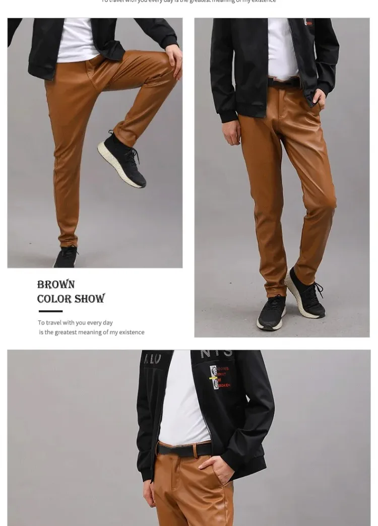 Neue Herren-Lederhosen, schmal geschnitten, elastisch, trendige PU-Lederhosen, attraktive Motorradhosen, Frühling/Herbst, Herren-Streetwear-Hosen. – Detail 12