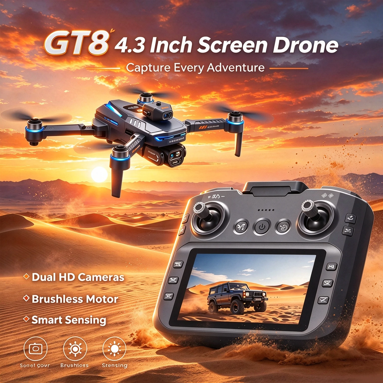 GT8 RC Drone Toy, Professional Dual Camera, 8K GPS FPV, Brushless Motor, Optical Flow Hover, Folding Quadcopter, 4K Video.
