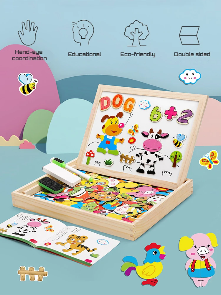 Learning Educational Puzzle Toy Wooden Multifunction Magnetic Drawing Board Kid 3D Writing Board Children Jigsaw Blackboard Gift