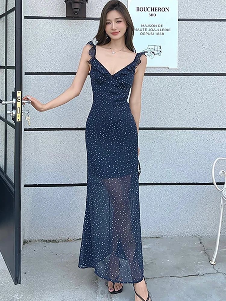 

Women Blue Polka Dot Chiffon Chic Ruffled Sling Sexy Long Dress 2025 Korean Casual Holiday Dress Summer Elegant Bodycon Vestidos