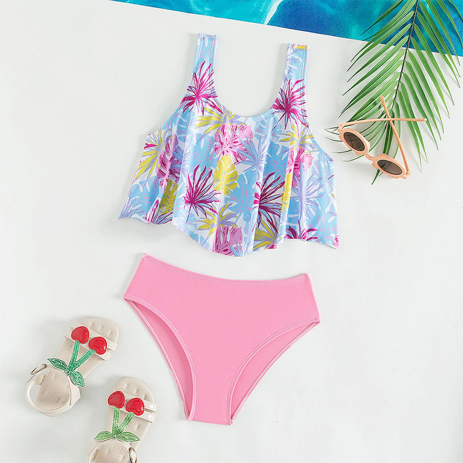 

Kids Girls Floral Print 2 Piece Swimsuit Summer 2024 New Fashion Ruffled Swimwear Bathing Suit Cute Bikini Girl Bathing Suits