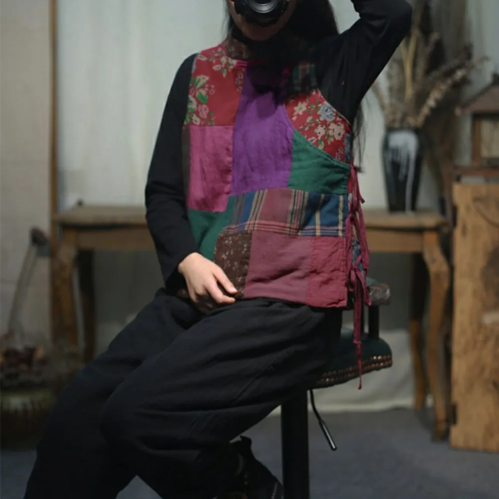 

Осенний женский хлопковый жилет с мягкой подушечкой, китайский кардиган с застежкой-лягушкой, винтажный хлопковый льняной жилет с нашивкой в стиле пэчворк, цветочный цвет, случайный жилет