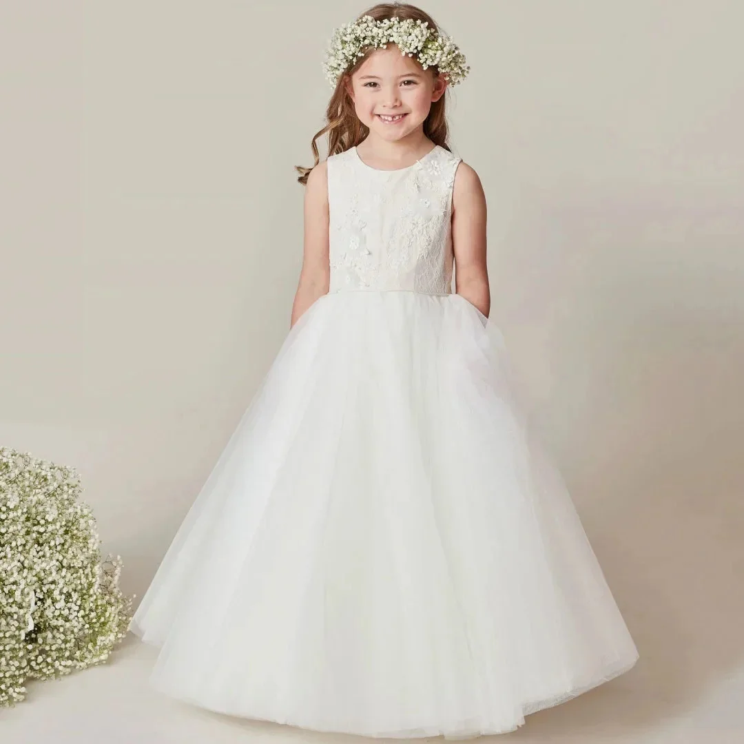 

Customized Wedding Appliques Tulle Sleeveless Ivory Flower Girl Dress For Elegant Kids First Communion Bridesmaid Pageant Gown