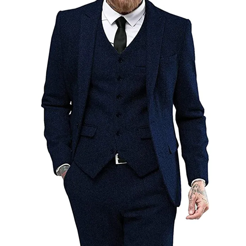 

2023 Men Tweed Herringbone Suits Groom Wear Business Party Wedding Formal Causal Suit Terno Masculino 3 Pieces(Blazer+Vest+Pant)