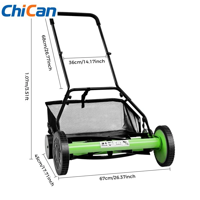 

【Hot】20 Inch Manual Push Reel Lawn Mower Adjustable Height 5 Blades Garden Grass Cutter with Collection Bag for Villa Park
