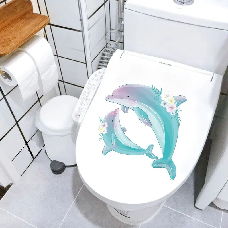 1pc Creative Flower Dolphins Mural Toilet Stickers Refrigerator Door Bathroom Decoration Self-adhesive Removable PVC Wall Decals